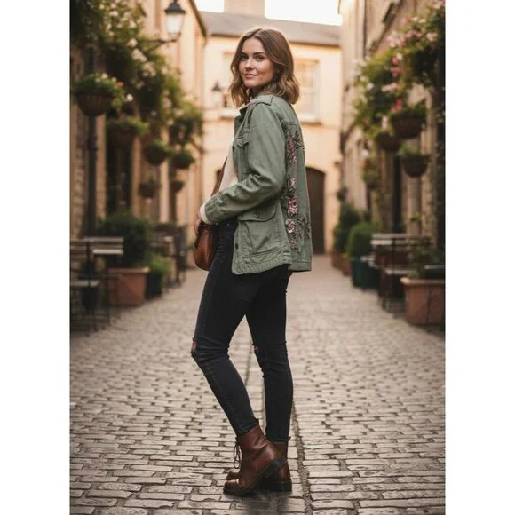 Vtg Y2K Abercrombie Floral Embroidered Green Utility Jacket | Military Boho Twee - Picture 12 of 14